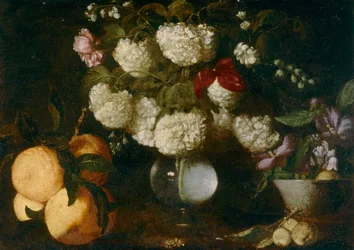 Bolas de nieve, rosas, claveles, frutas